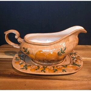 Vintage Arnel's Mushroom Gravy Boat w/ Plate Brown MCM Decor